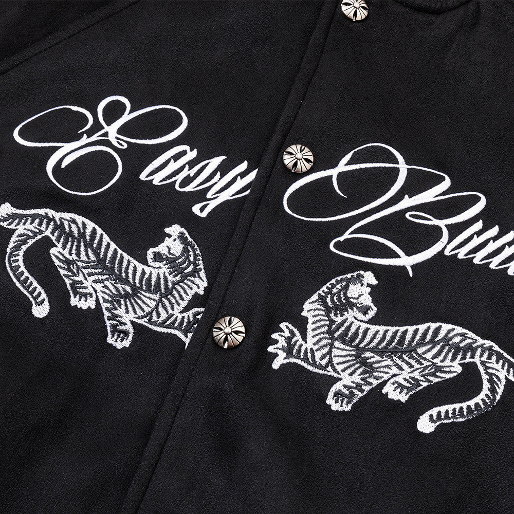 Varsity-Bomberjacke mit Schriftzug-Stickerei und Tiger-Motiv, Colorblock-Raglan