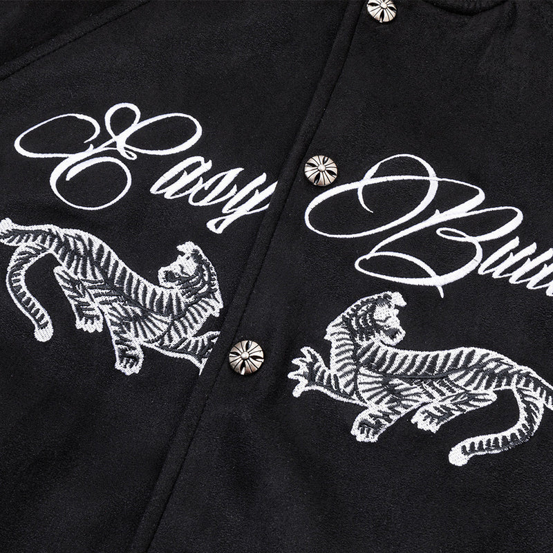 Varsity-Bomberjacke mit Schriftzug-Stickerei und Tiger-Motiv, Colorblock-Raglan