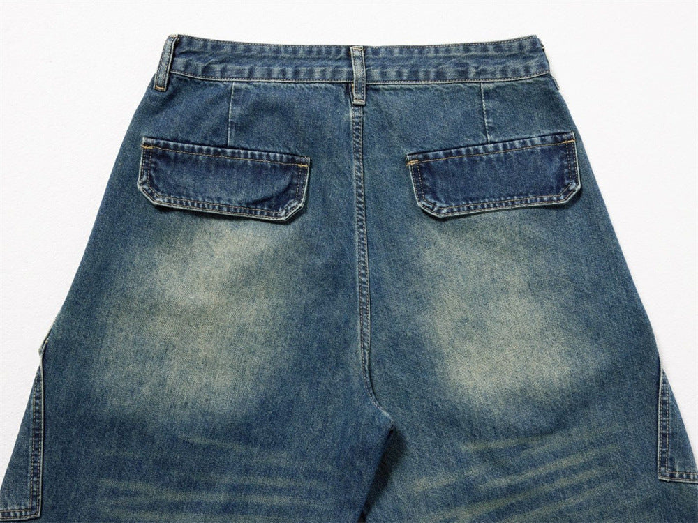 Baggy Wide-Leg Cargo Jeans – Men's Multi-Pocket Distressed Denim