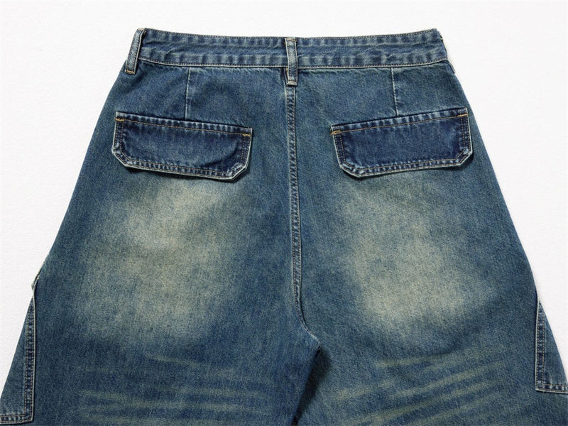 Baggy Wide-Leg Cargo Jeans – Men's Multi-Pocket Distressed Denim