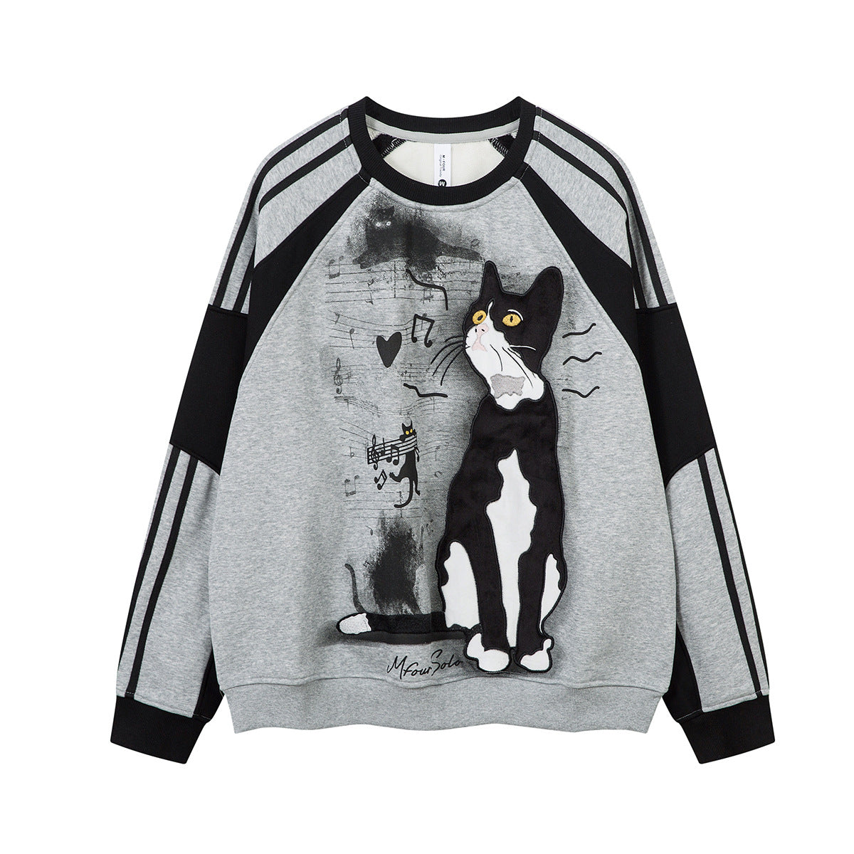 Sweat-shirt col rond avec motif chat tuxedo, imprimé notes de musique et manches raglan color block noires, gris chiné