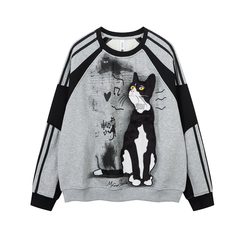 Sweat-shirt col rond avec motif chat tuxedo, imprimé notes de musique et manches raglan color block noires, gris chiné