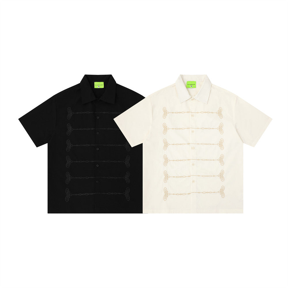 Chain Embroidered Short Sleeve Shirt – Relaxed Fit Streetwear Button-Up