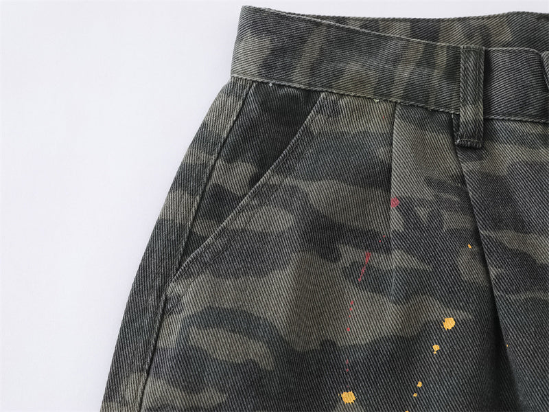 Camo Cargo Shorts – Paint Splatter Multi-Pocket Wide-Leg