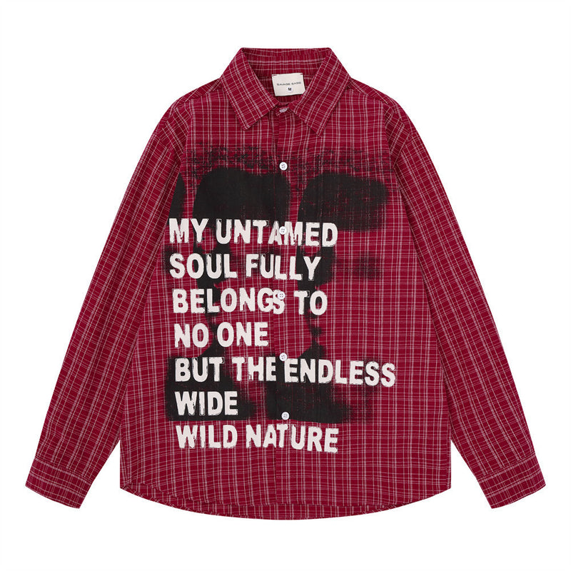 Flannel Long Sleeve Shirt Men – Oversized Plaid Abstract Face & Letter Print
