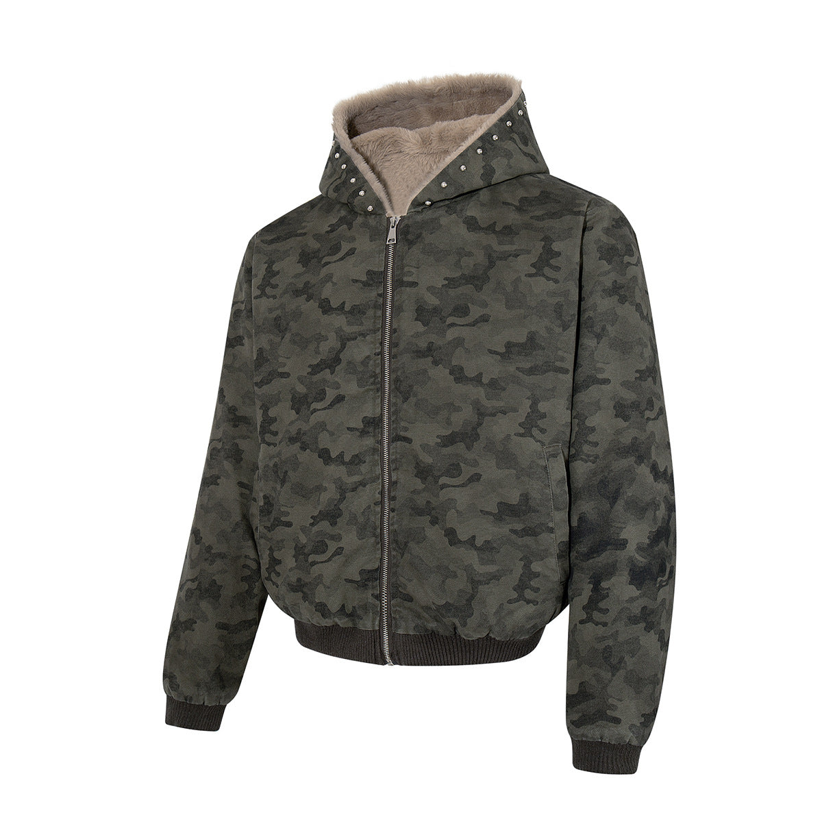 Camo Sherpa-Lined Hooded Bomber Jacket with Studded Hood
