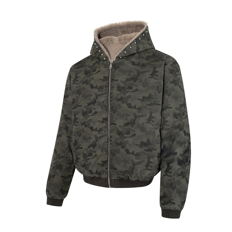 Camo Sherpa-Lined Hooded Bomber Jacket with Studded Hood