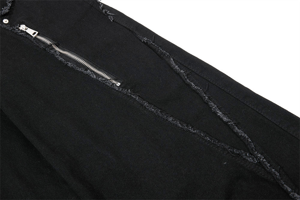 Black Wide-Leg Deconstructed Jeans – Zipper Detail & Raw-Edge Patchwork
