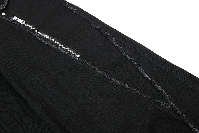 Black Wide-Leg Deconstructed Jeans – Zipper Detail & Raw-Edge Patchwork