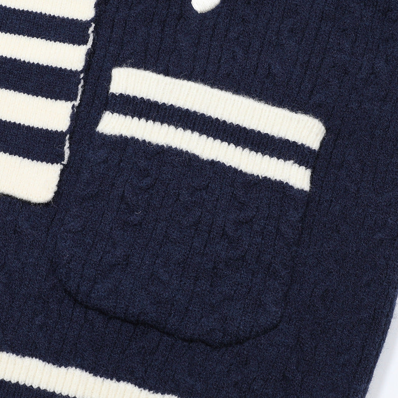 V-Neck Cable Knit Sweater Vest with Music Note Embroidery & Striped Tie Detail