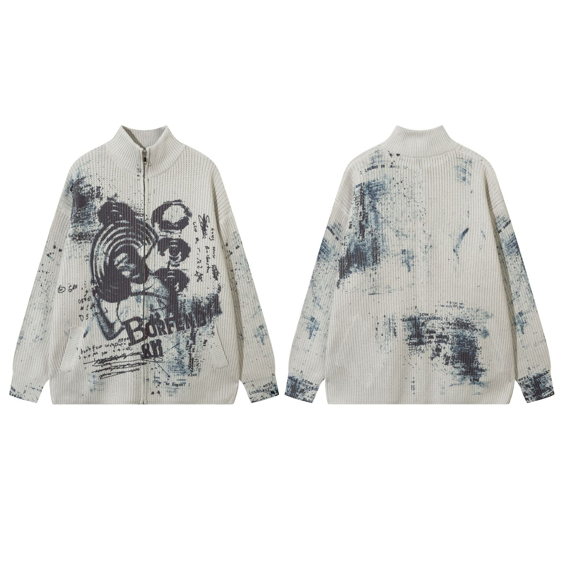 Veste pull zippée en maille imprimée ours graffiti – Col montant, éclaboussures d’encre, vintage