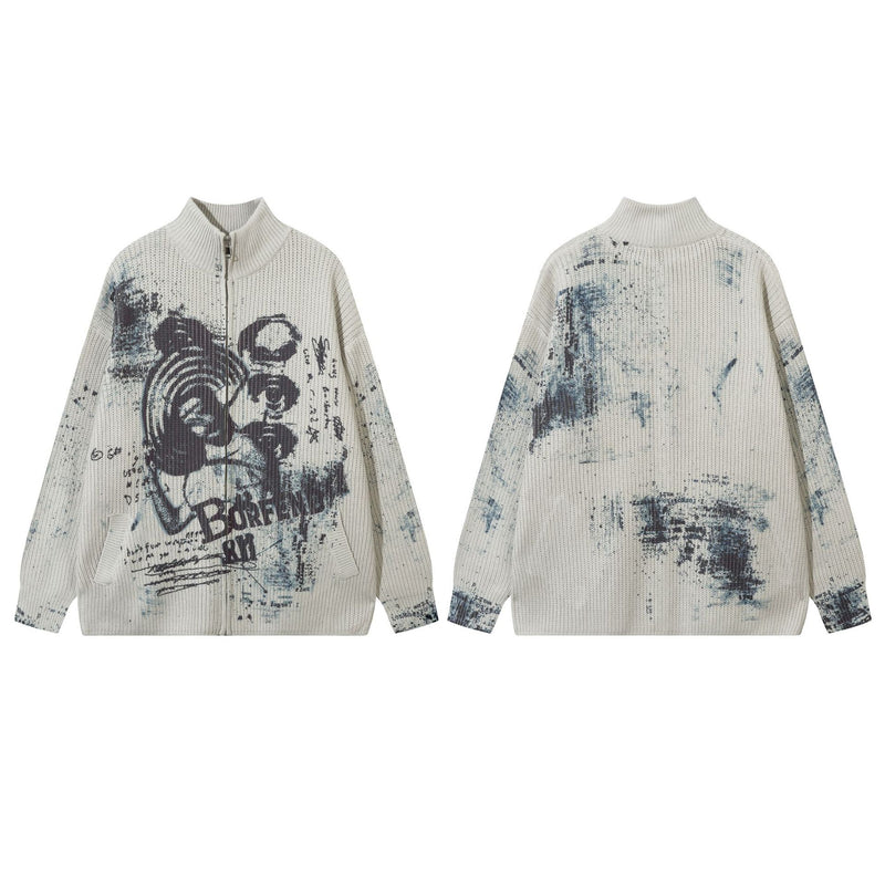 Veste pull zippée en maille imprimée ours graffiti – Col montant, éclaboussures d’encre, vintage
