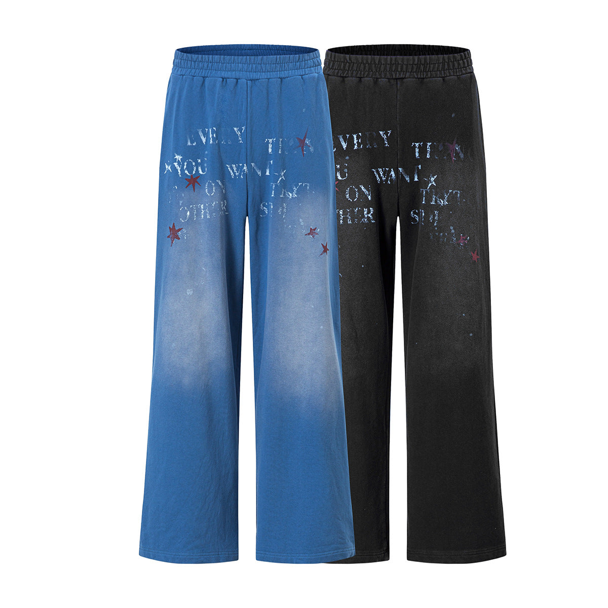 Pantalon de survêtement à jambes larges avec motif d’étoiles et de lettres, coupe décontractée délavée