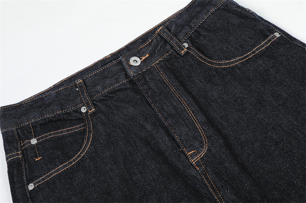 Wide-Leg Raw Denim Jeans – High Street Diagonal Seam Detail