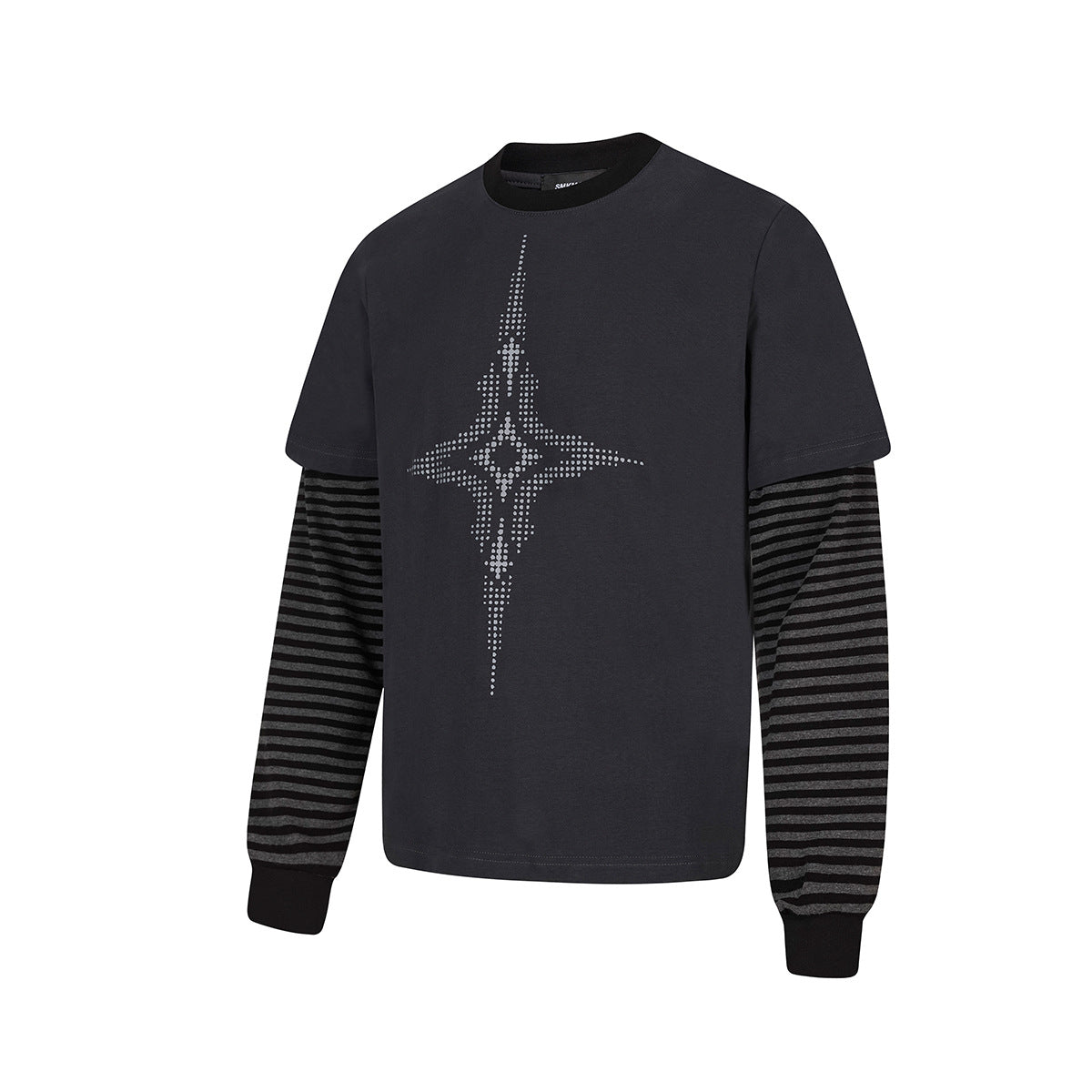Faux Two-Piece Long Sleeve T-Shirt with Star Graphic & Striped Sleeves