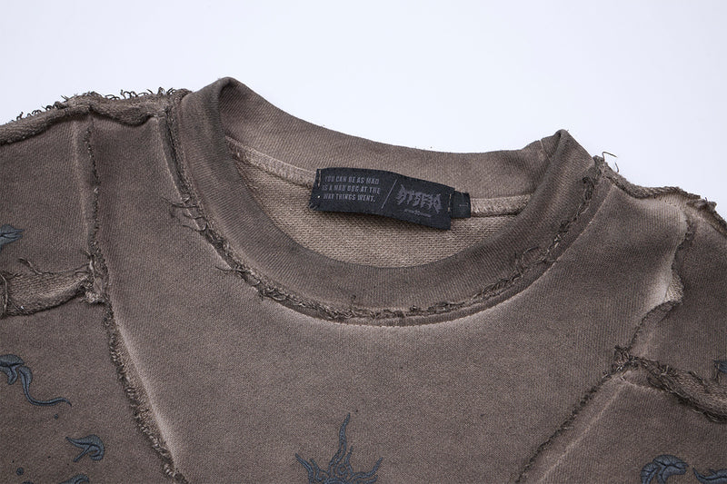 Long Sleeve Acid Wash Shirt with Celestial Print & Raw-Edge Seam Detail
