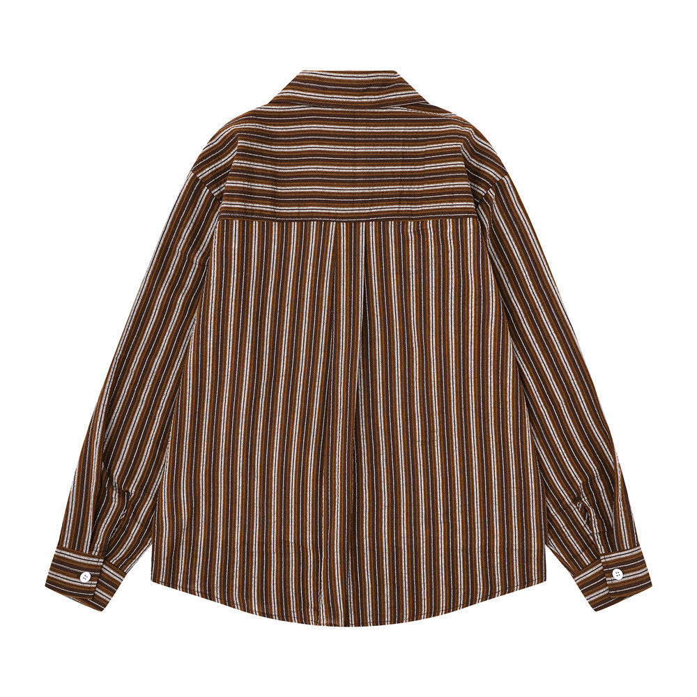 Brown striped long sleeve shirt back view with yoke seam