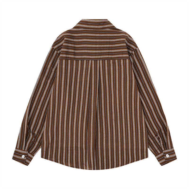 Brown striped long sleeve shirt back view with yoke seam