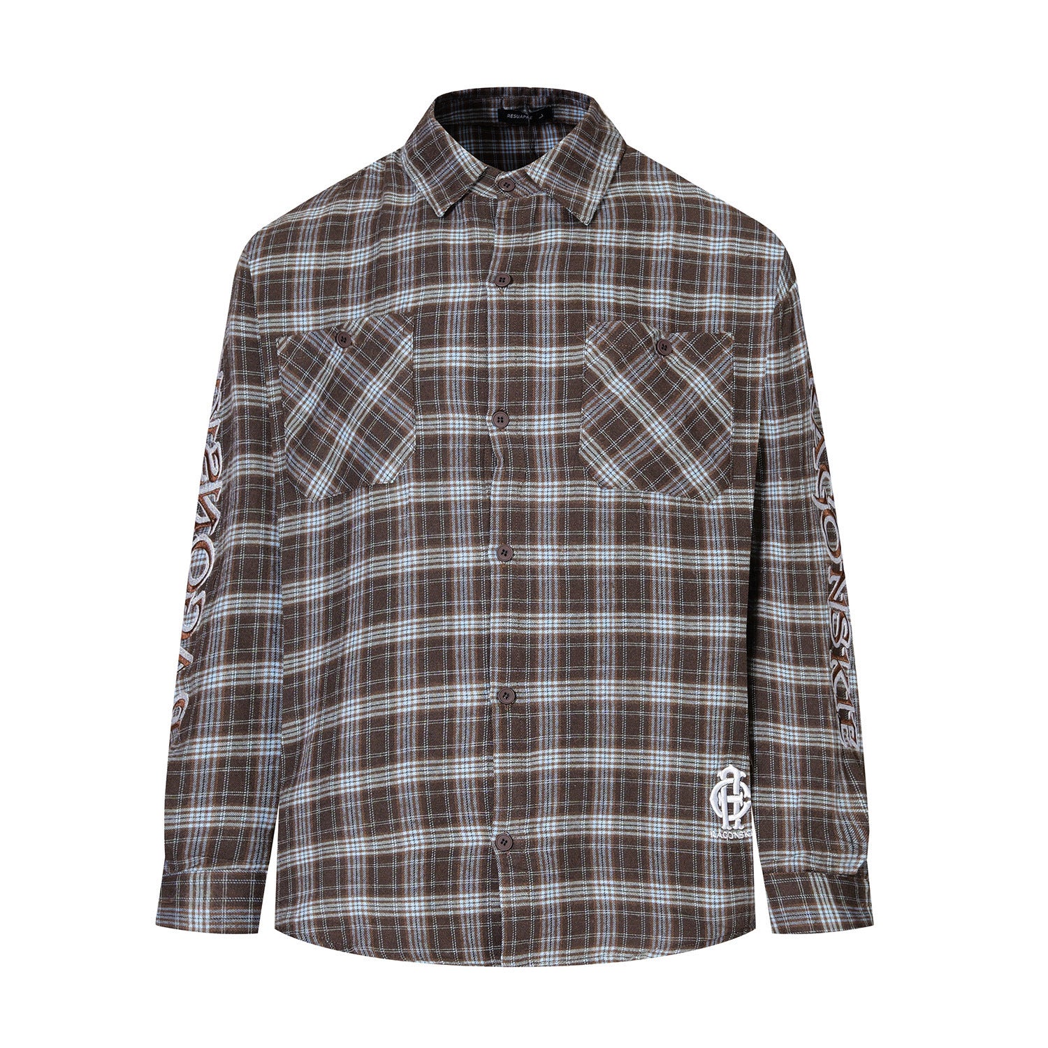 Oversized button-up plaid shirt with sleeve embroidery in brown and red colorways, front view
