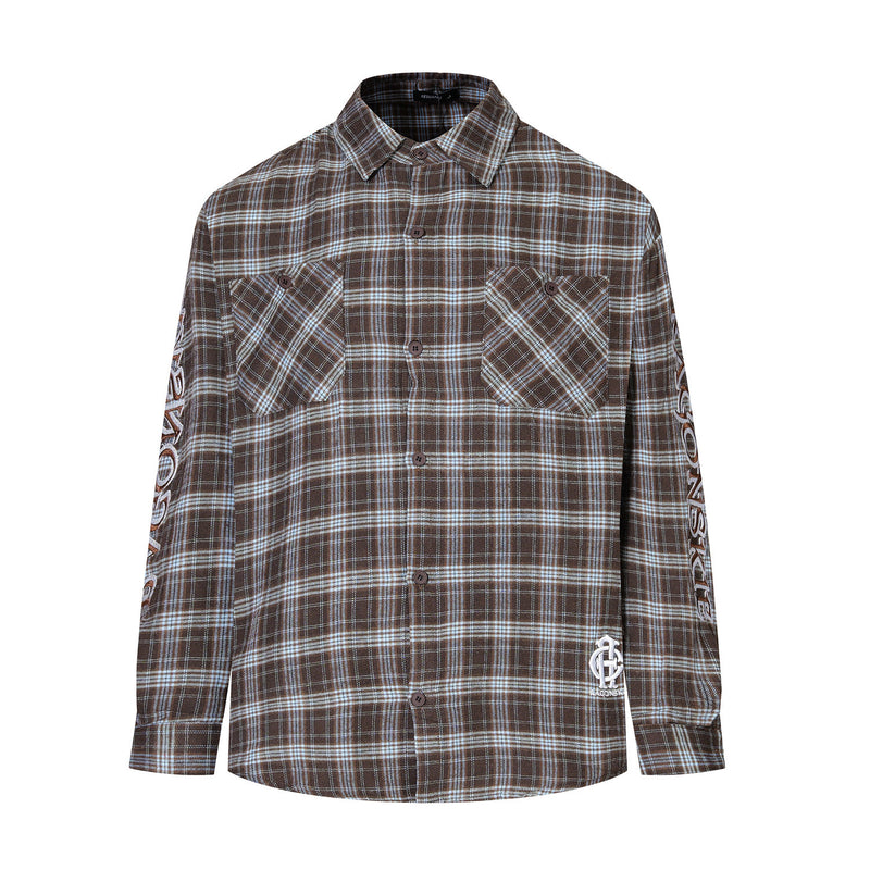 Oversized button-up plaid shirt with sleeve embroidery in brown and red colorways, front view