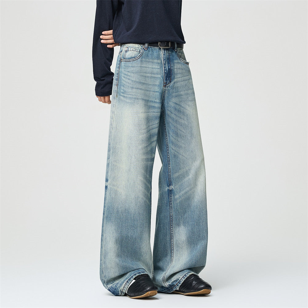Wide-Leg Baggy Jeans Men – Light Blue Vintage Washed Straight Fit