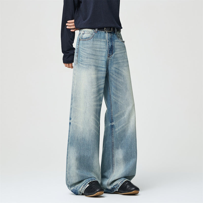Wide-Leg Baggy Jeans Men – Light Blue Vintage Washed Straight Fit