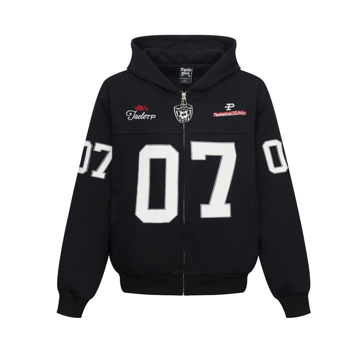 Sweat à capuche bleu zippé intégral avec patch brodé du numéro varsity 07
