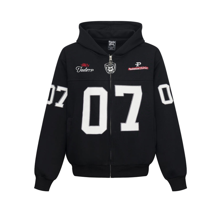 Sweat à capuche bleu zippé intégral avec patch brodé du numéro varsity 07