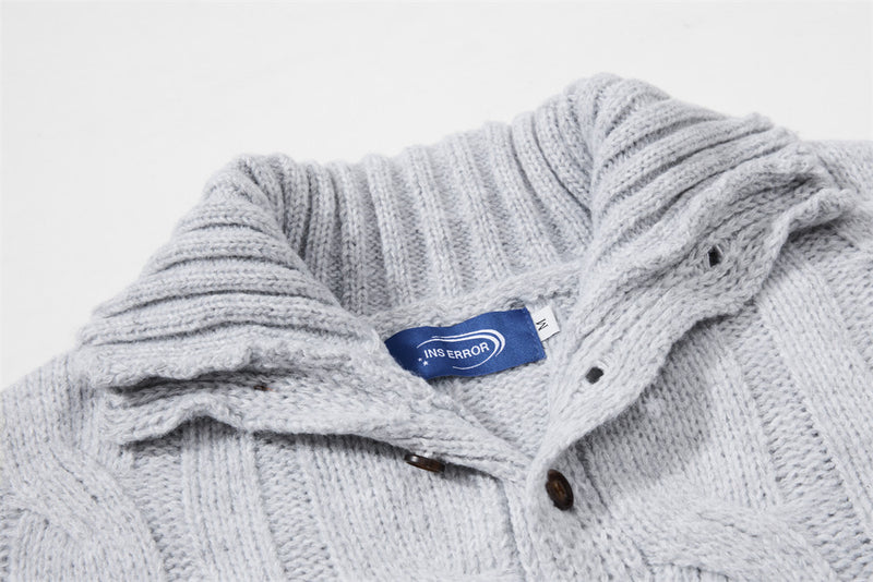 Pull homme en maille torsadée à col montant zippé – Pull oversize à patte boutonnée
