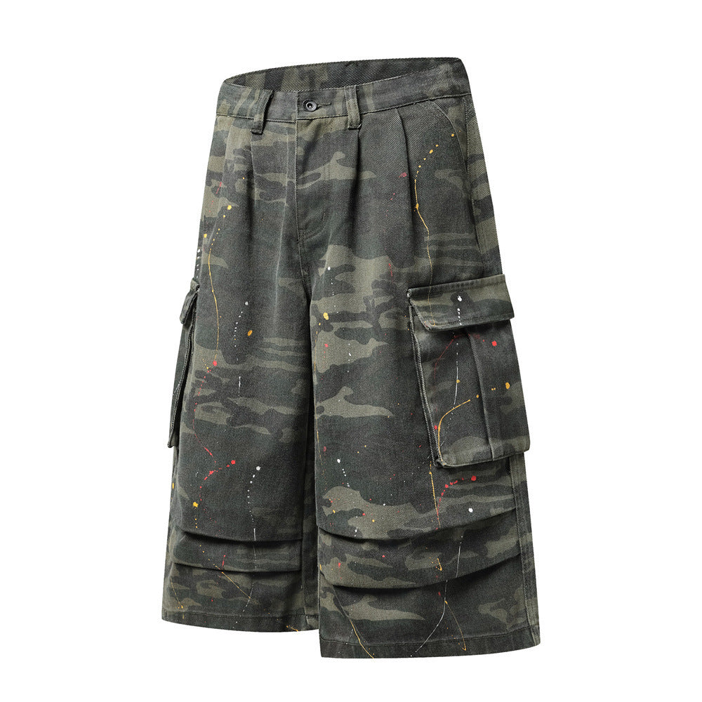 Camo Cargo Shorts – Paint Splatter Multi-Pocket Wide-Leg