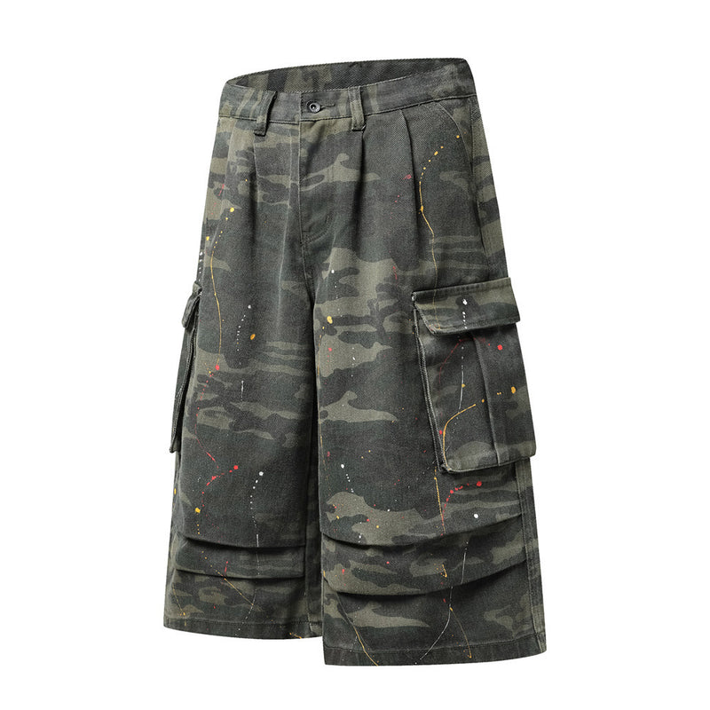 Camo Cargo Shorts – Paint Splatter Multi-Pocket Wide-Leg