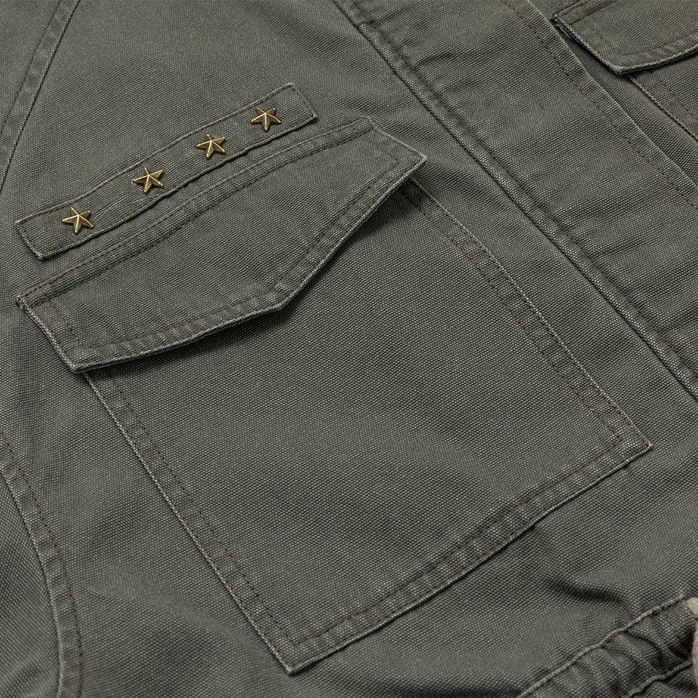Men's Olive Military Field Jacket – Star Studs, Multi-Pocket, Drawstring Waist