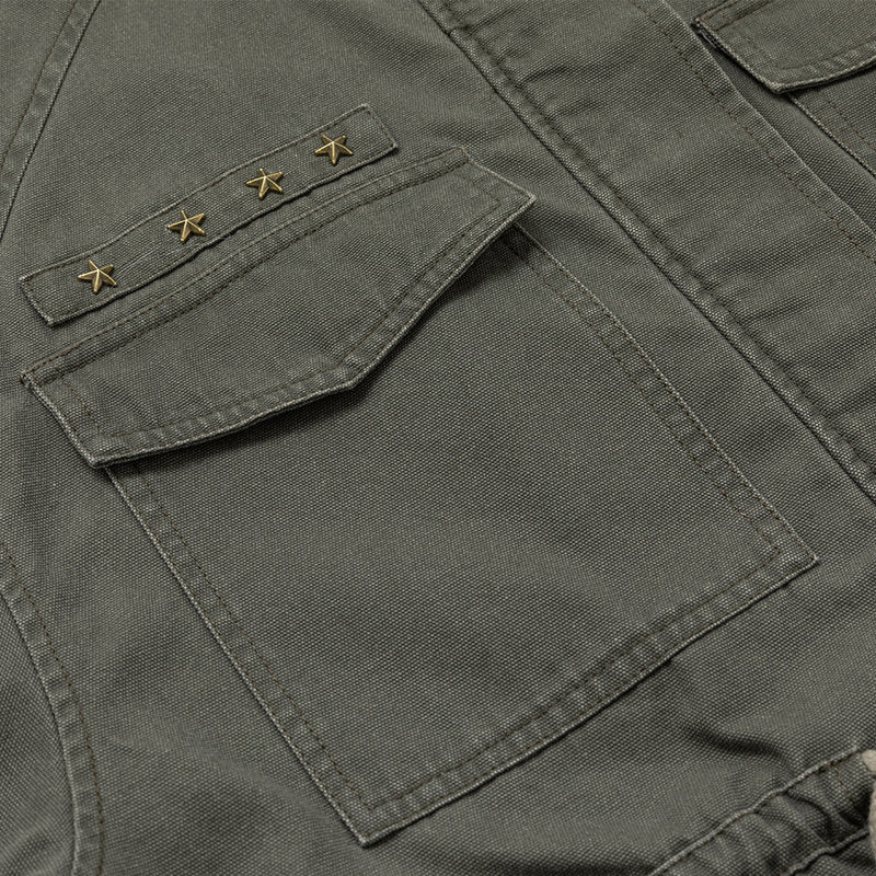 Men's Olive Military Field Jacket – Star Studs, Multi-Pocket, Drawstring Waist