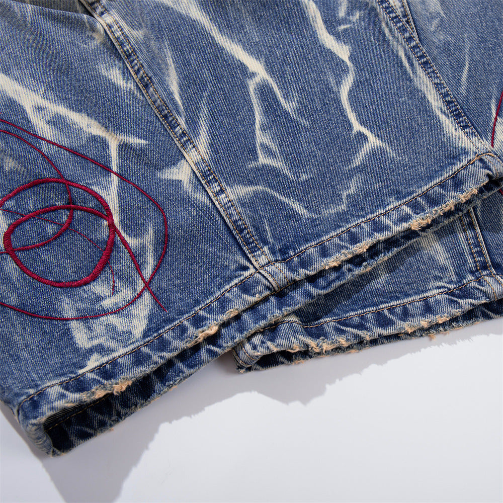 Tie-Dye Washed Denim Shorts – Wide-Leg Embroidered Vintage Punk Style
