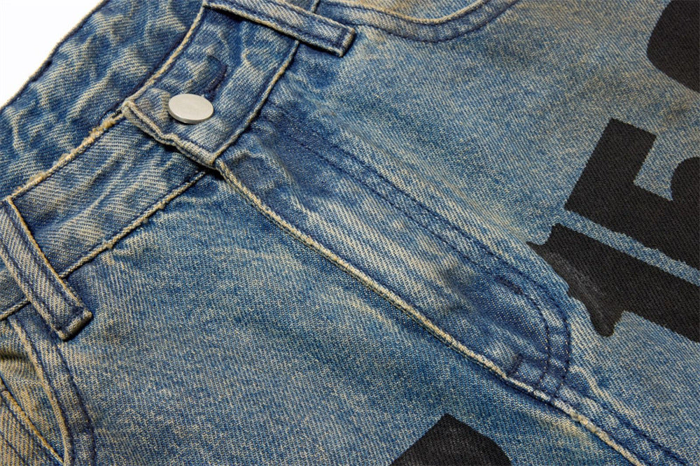 Men's Loose Fit Jeans Vintage Number Print Straight-Leg Baggy Denim Pants
