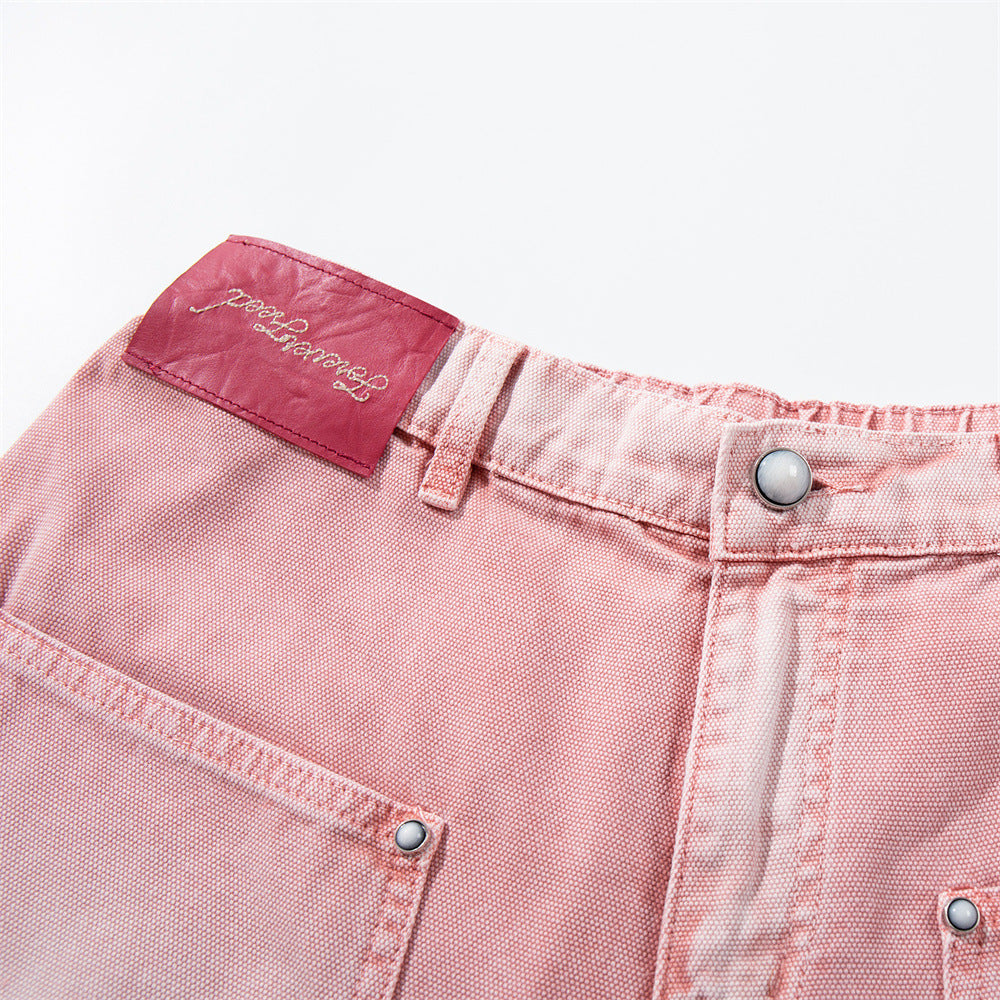 Wide-Leg Carpenter Jeans – Patchwork Studded Pink Washed Denim