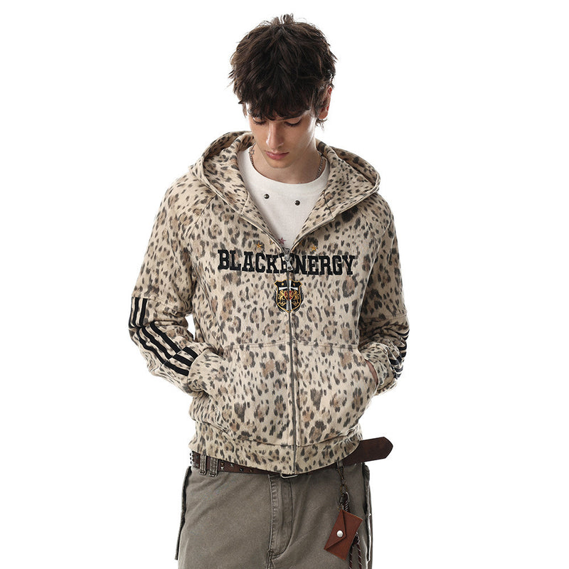 Sand leopard print zip-up hoodie with embroidered BLACKENERGY lettering and black triple-stripe sleeve detail, front and back