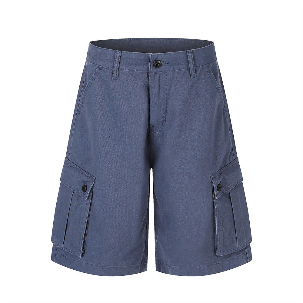 Men's baggy slate blue cargo shorts with button-flap thigh pockets and relaxed straight-leg fit