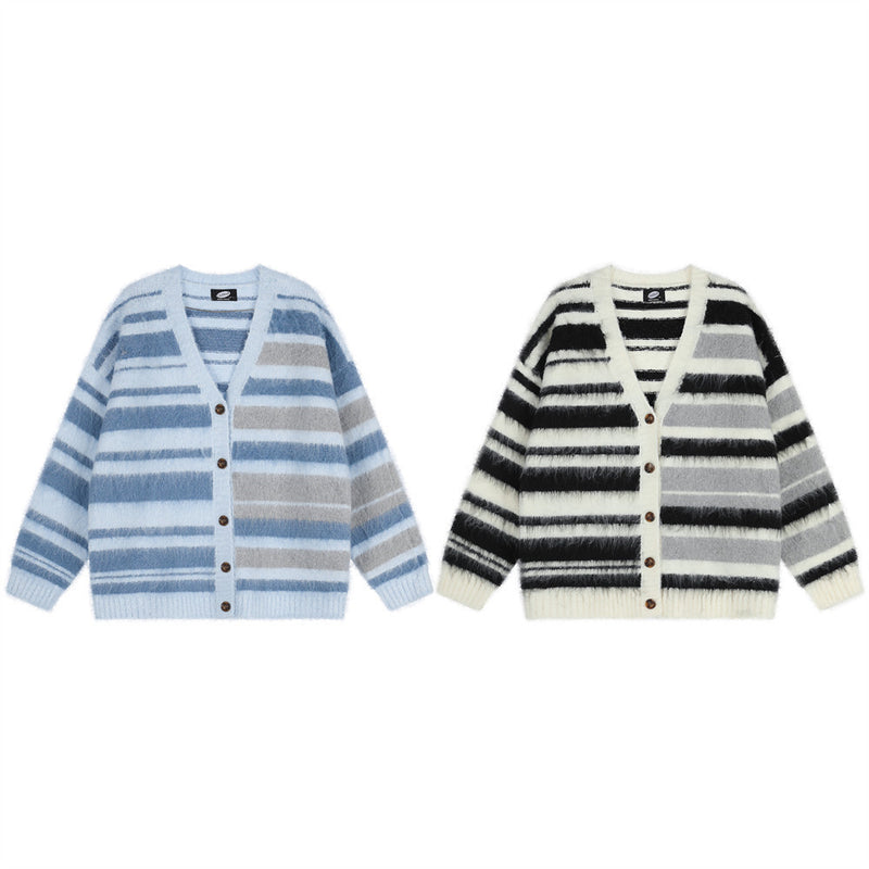 Striped V-Neck Cardigan Sweater – Oversized Colorblock Knit