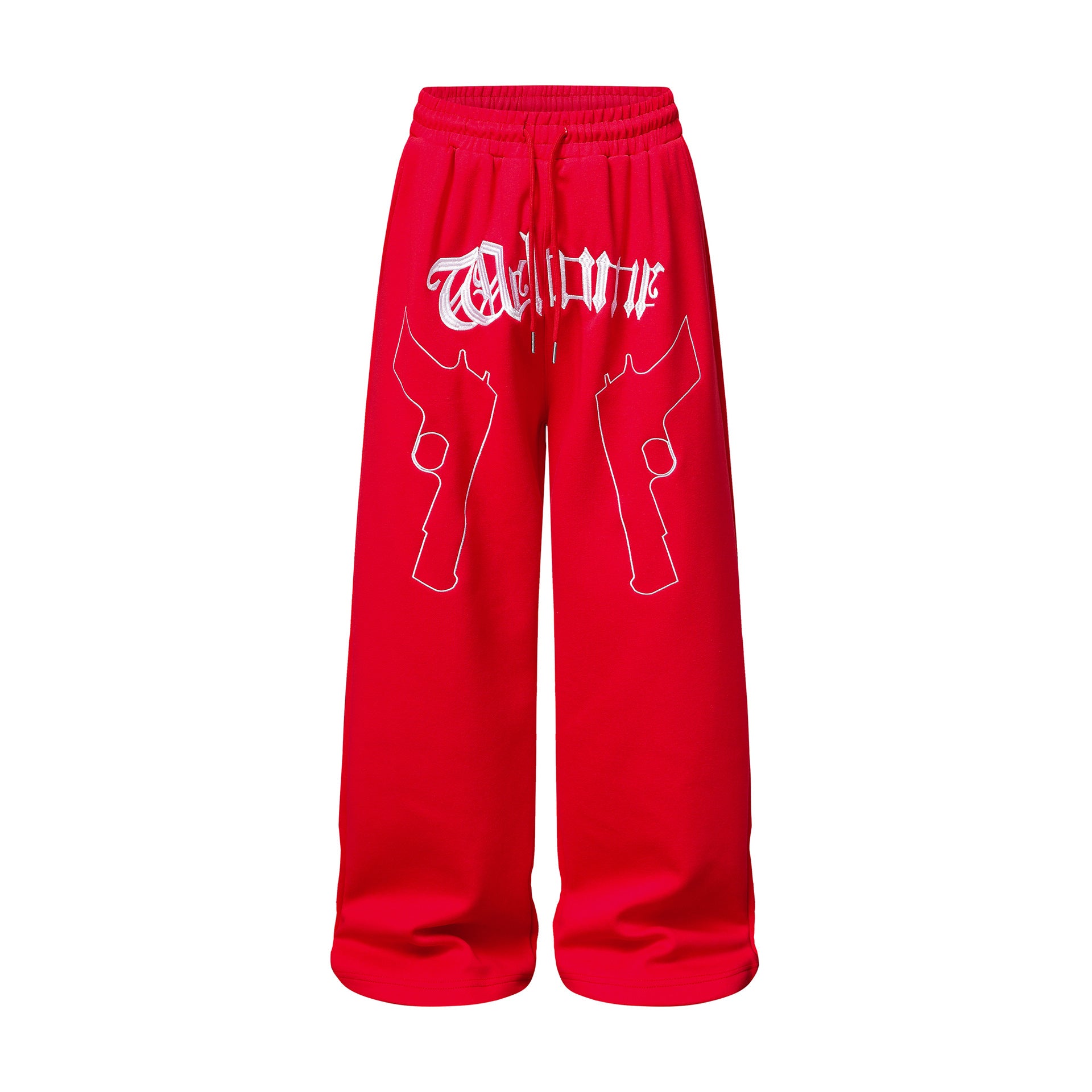Pantalon de survêtement à jambes larges avec imprimé gothique « Welcome » et deux pistolets – Style streetwear hip-hop