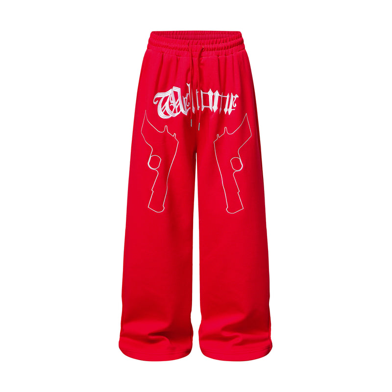 Pantalon de survêtement à jambes larges avec imprimé gothique « Welcome » et deux pistolets – Style streetwear hip-hop