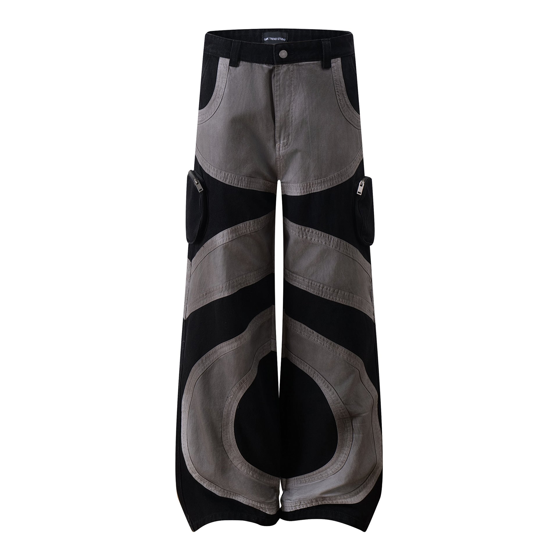 Baggy Cargo Pants Men's Black Grey Patchwork Wide-Leg Tactical Trousers