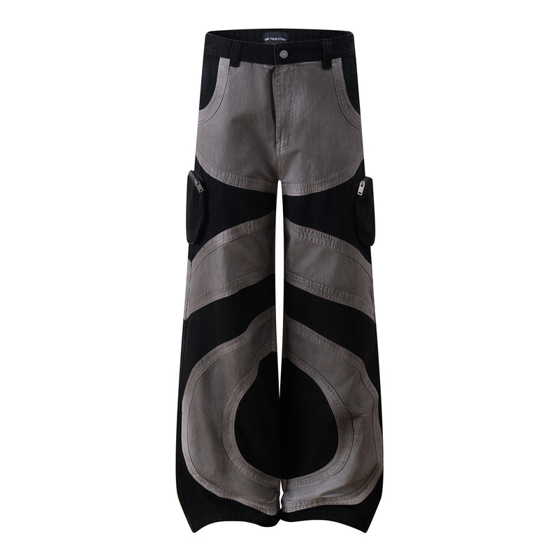 Baggy Cargo Pants Men's Black Grey Patchwork Wide-Leg Tactical Trousers