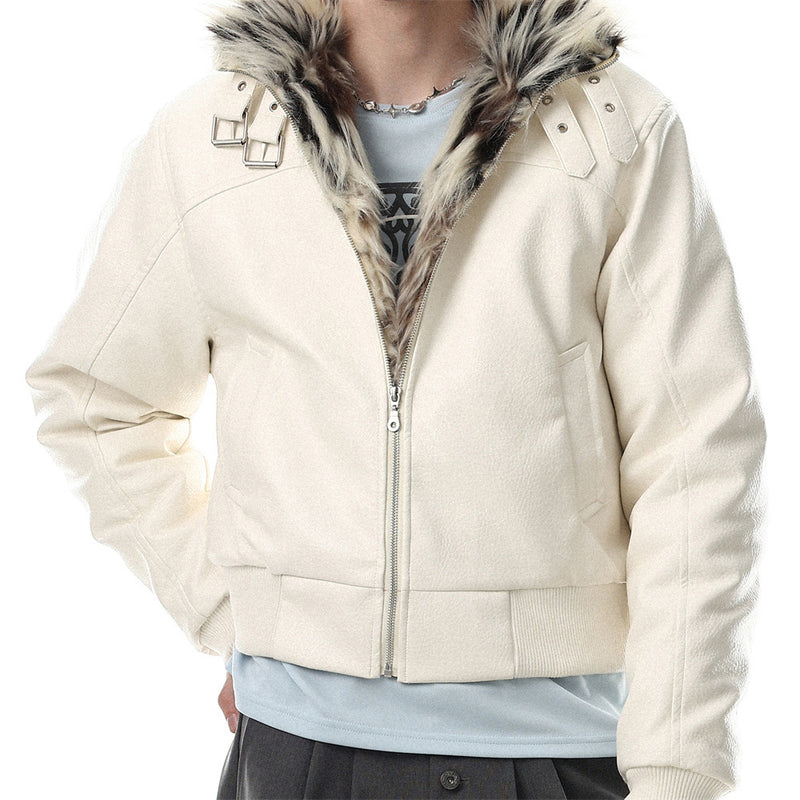 PU Leather Bomber Jacket with Faux Fur Collar & Buckle Strap Stand Neck