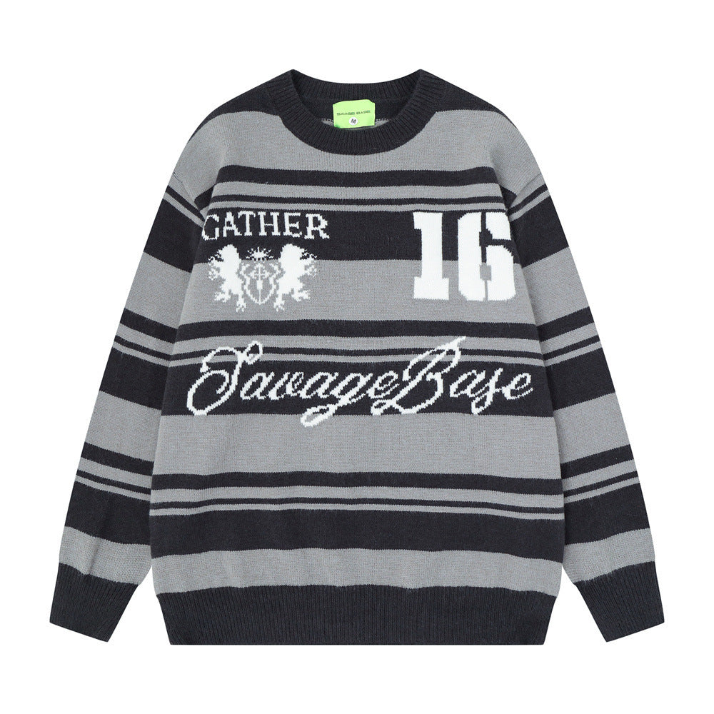 Gestreifter Jacquard-Strickpullover – Gather 16 SavageBase-Print, Relaxed Rundhalsausschnitt