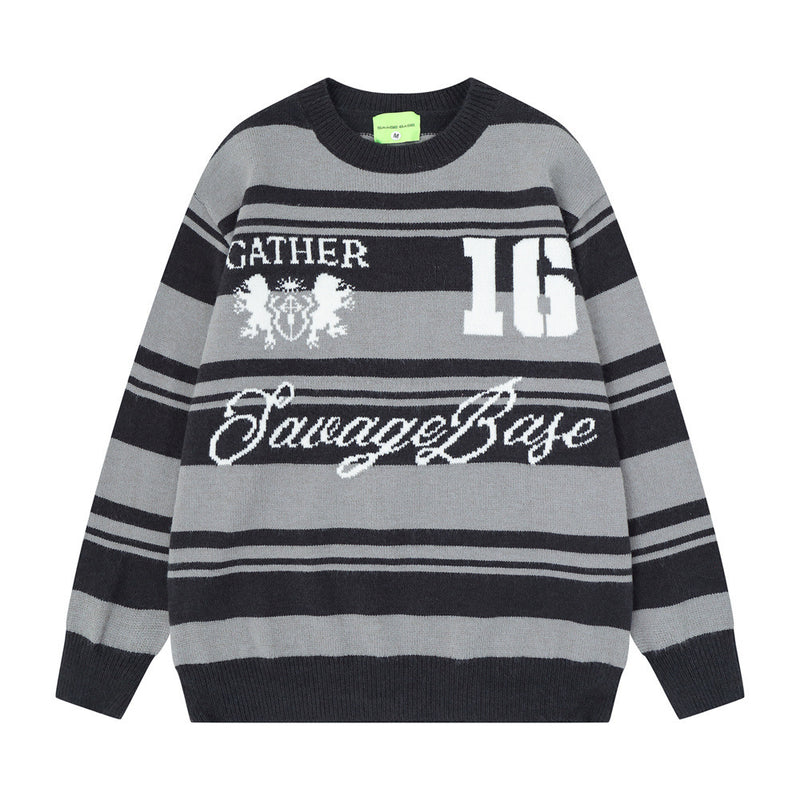 Gestreifter Jacquard-Strickpullover – Gather 16 SavageBase-Print, Relaxed Rundhalsausschnitt