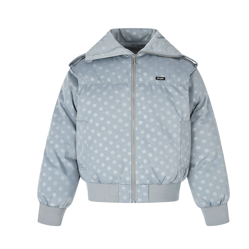 Polka Dot Puffer Bomber Jacket with Oversized Collar