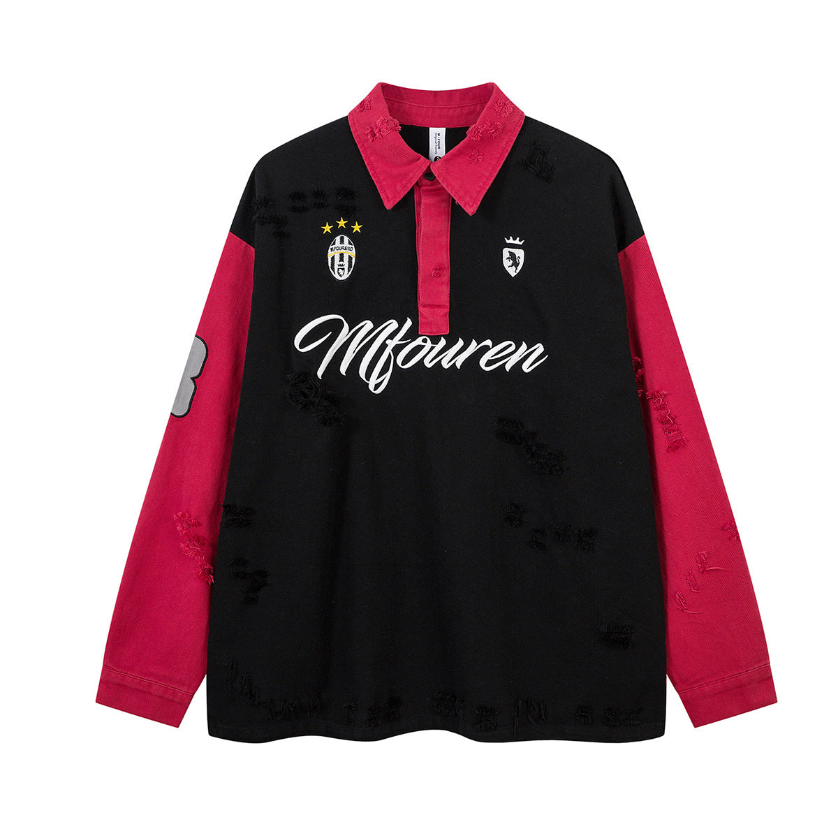 Polo rugby à manches longues colorblock effet deux pièces, délavé et brodé