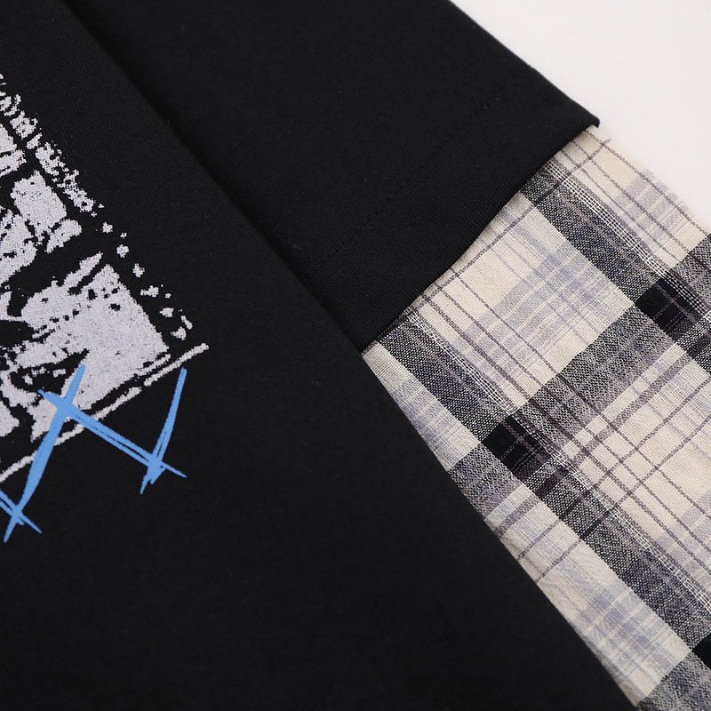 Plaid Splice Long Sleeve Graphic T-Shirt – Faux Two-Piece Streetwear Top