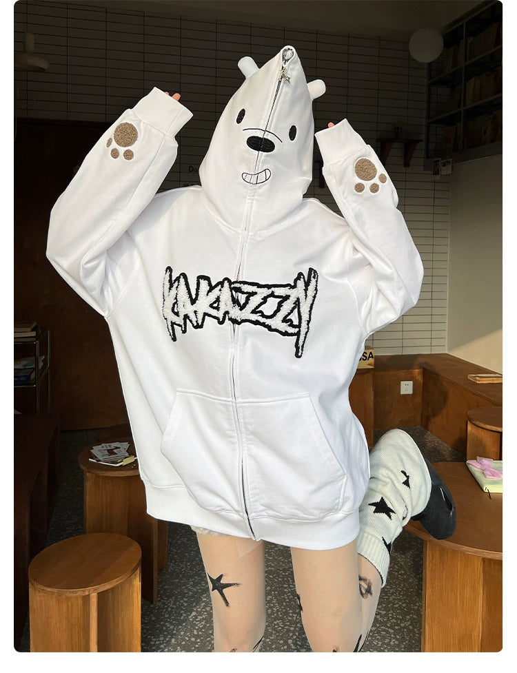 Cute White Bear Hoodie - 400GSM Polar Bear Design with Black Embroidery